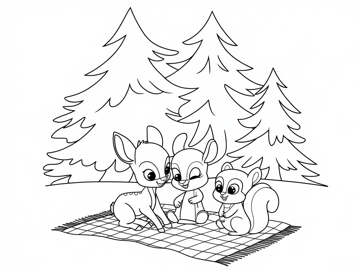 Forest Picnic with Playful Deer and Squirrel