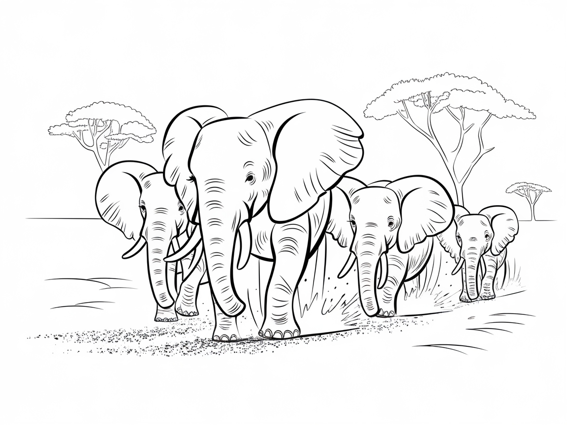 Parade of Elephants in the Savanna