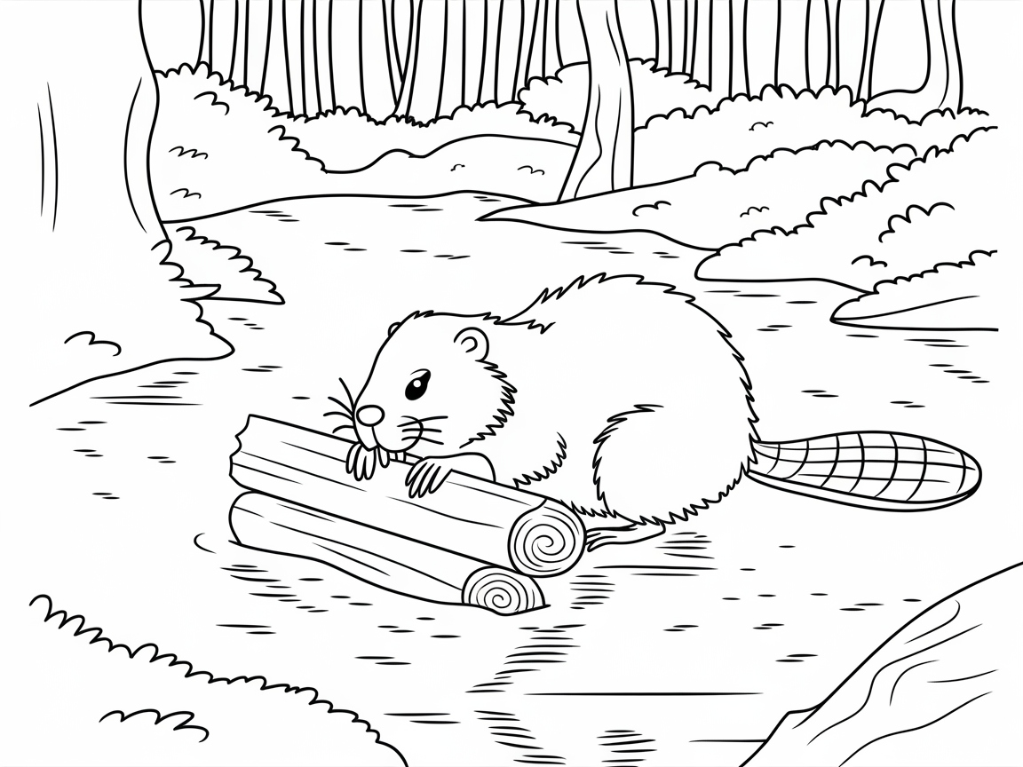 Charming Beaver in the Forest Coloring Page
