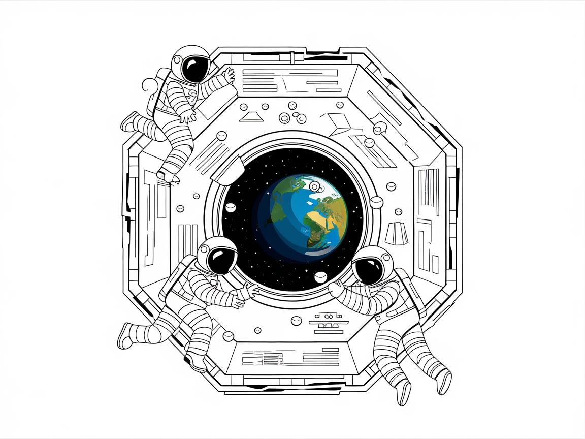 Space Station Window with Floating Astronauts