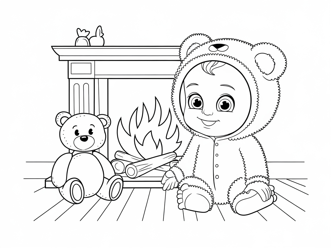 Cozy Fireplace Moment: Baby and Teddy Bear Coloring Page