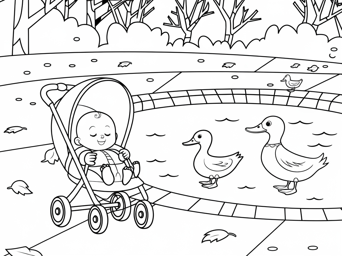 Stroller Stroll: Baby Enjoying a Duck Pond Scene