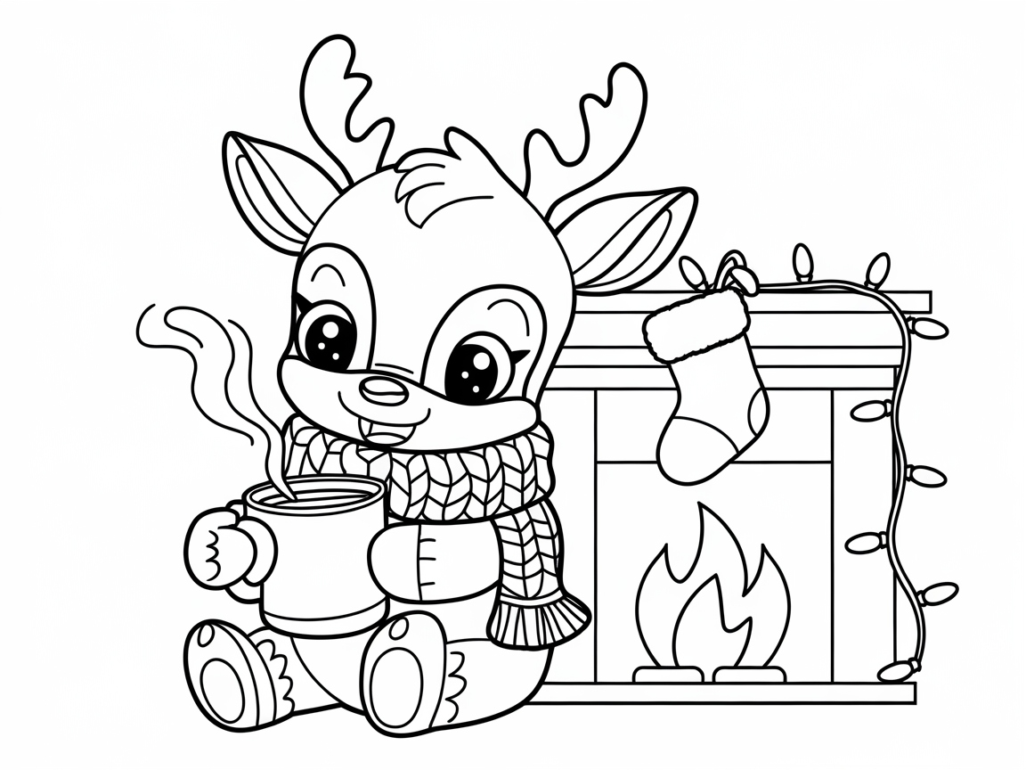 Cozy Baby Reindeer by the Fireplace