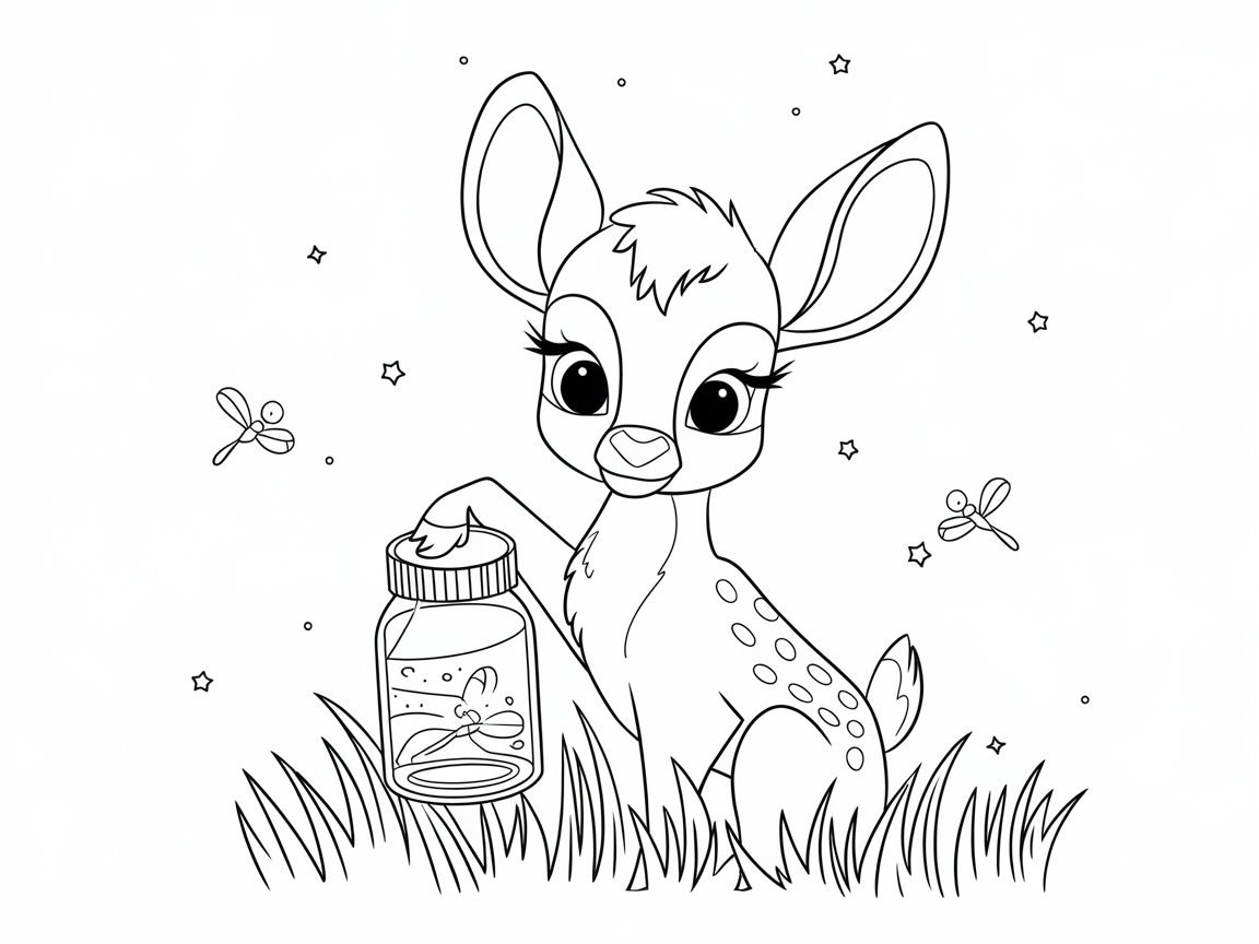 Magical Night with a Curious Fawn and Fireflies
