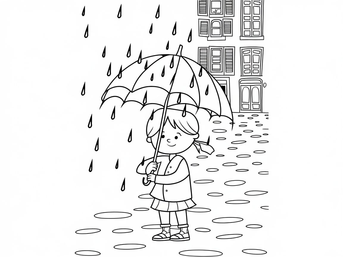 Rainy Day Fun: Girl with Umbrella Coloring Page