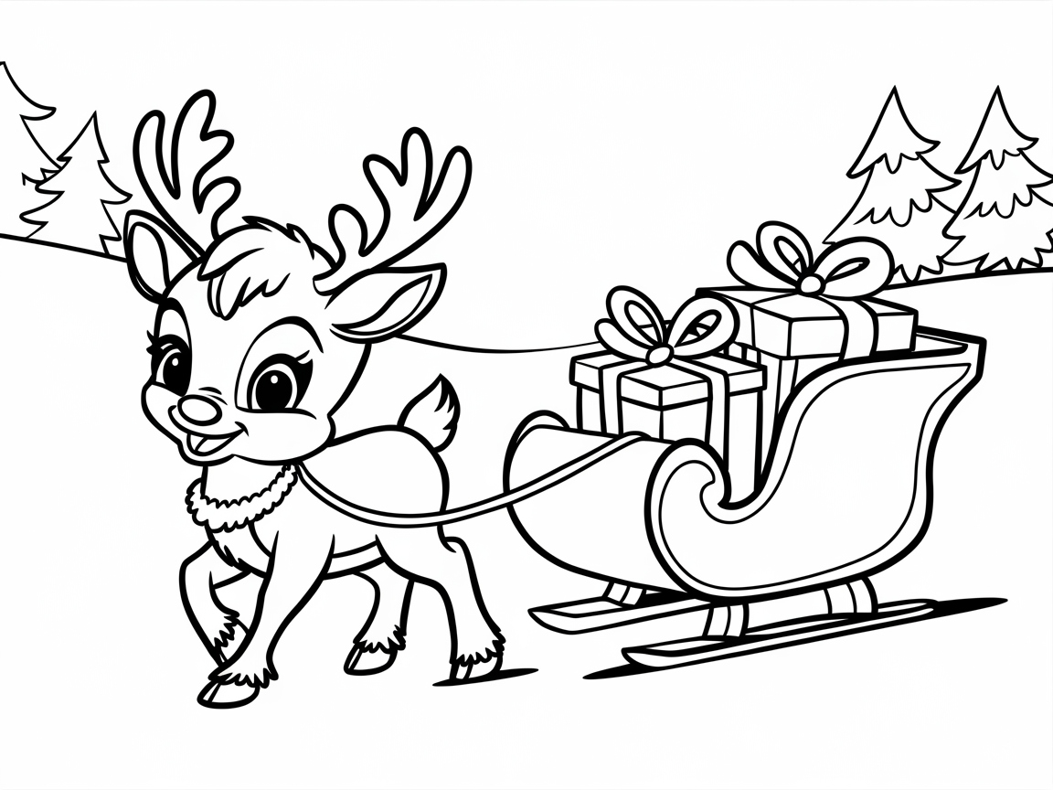 Cheerful Baby Reindeer Pulling a Gift-Filled Sleigh