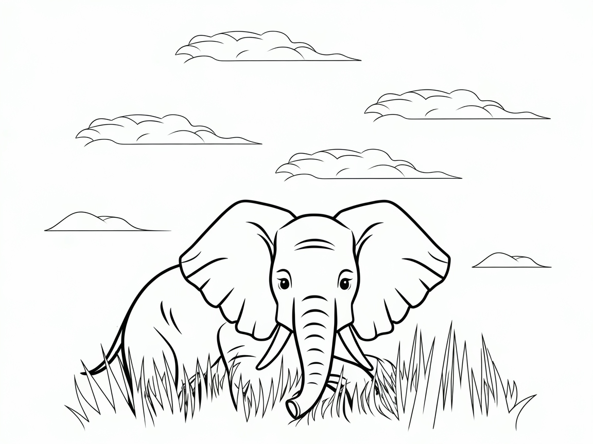 Elephant in the Tall Grass with a Peaceful Sky