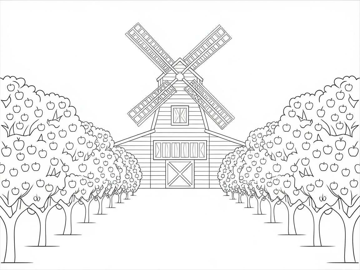 Discover the Charm of This Windmill Orchard Coloring Page