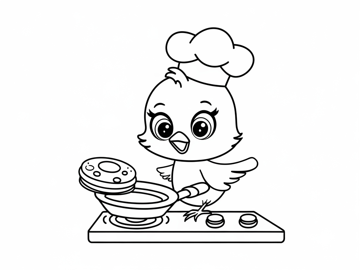 Chef Chick Flipping Pancakes - Ready for Coloring Fun