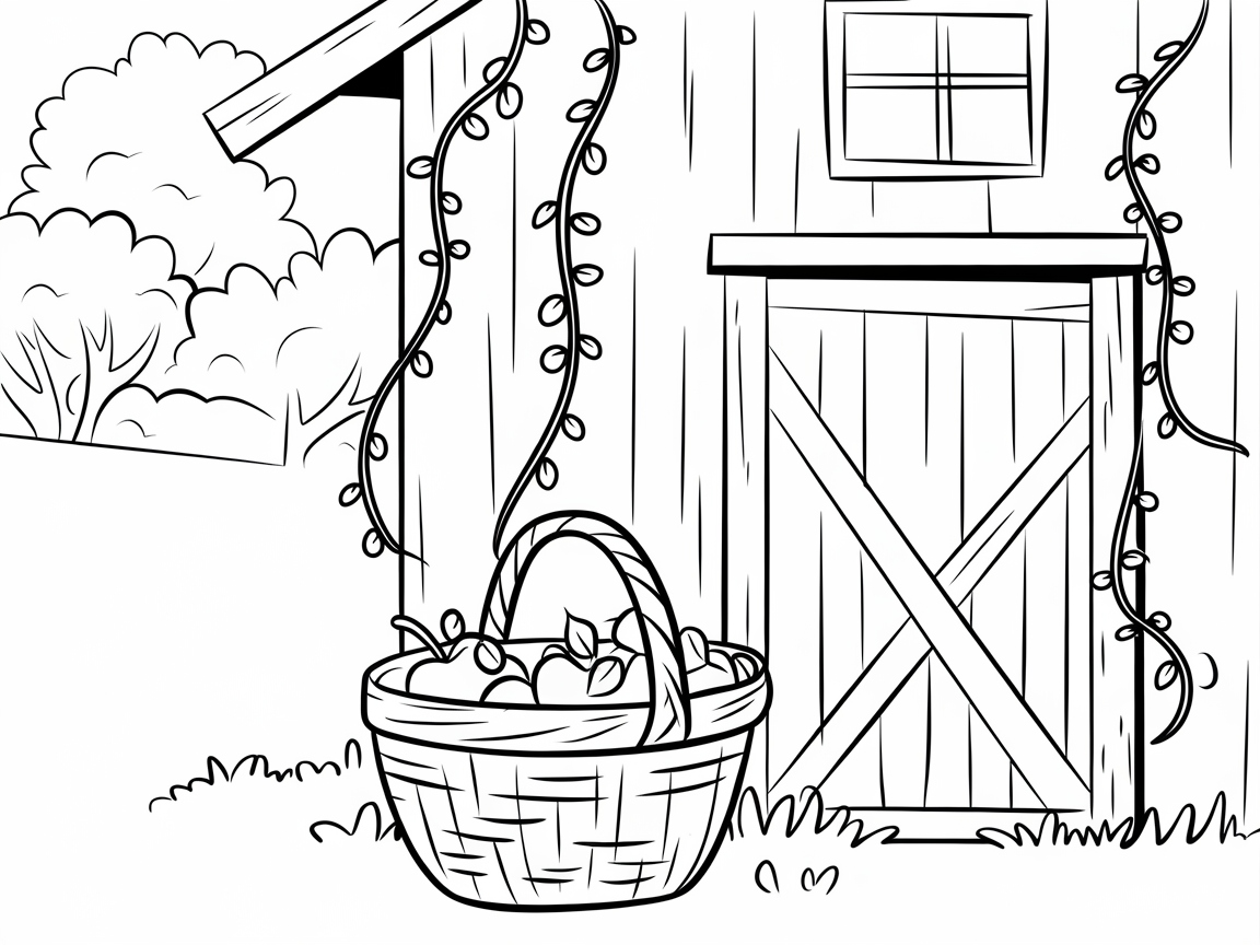 Rustic Barn Scene With Apple Basket to Color