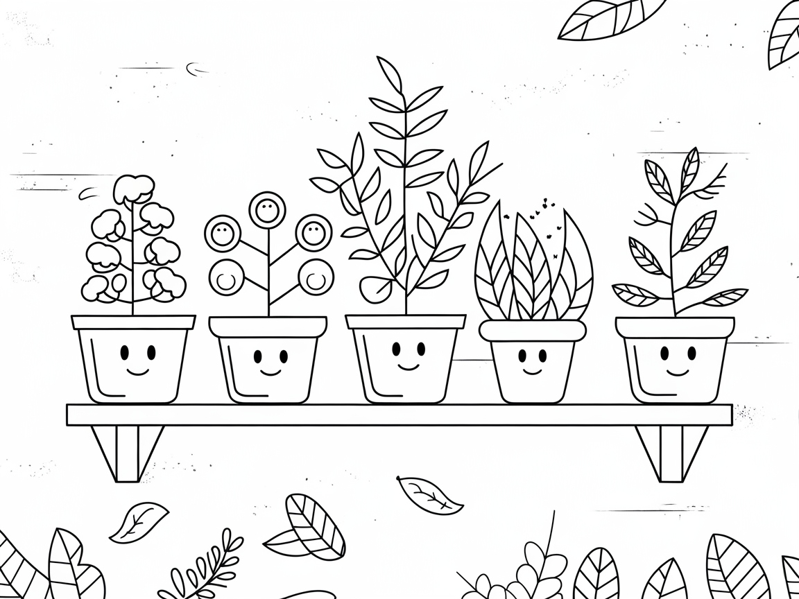 Happy Potted Plants on a Sunlit Shelf