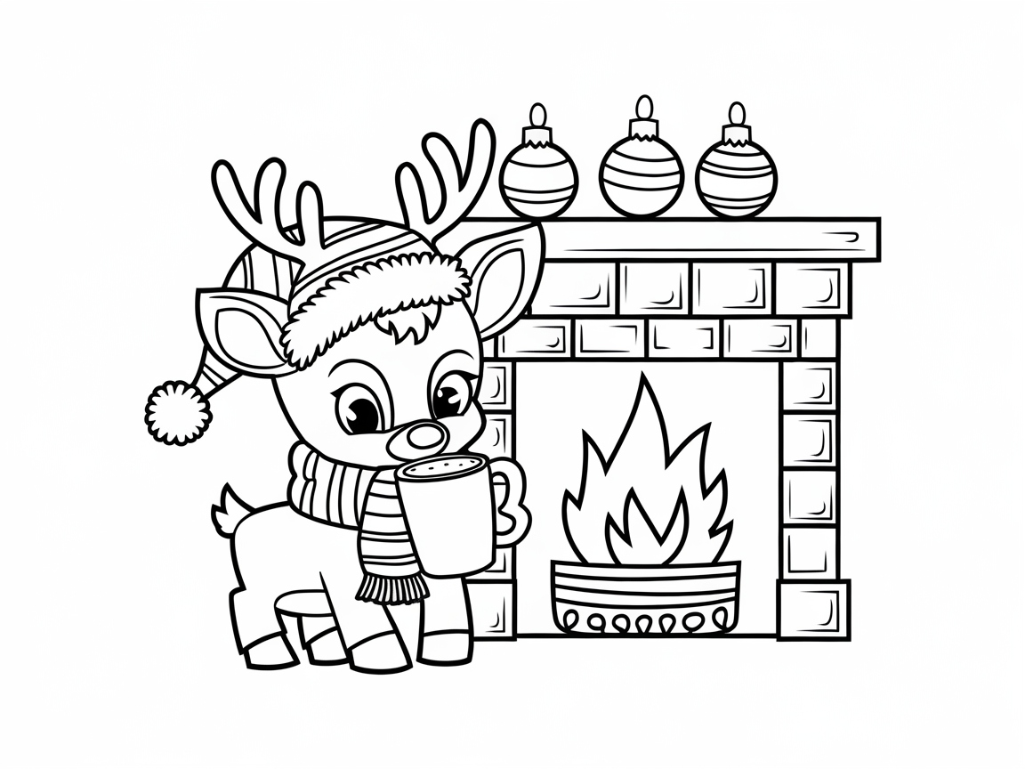 Cozy Baby Reindeer by the Fireplace
