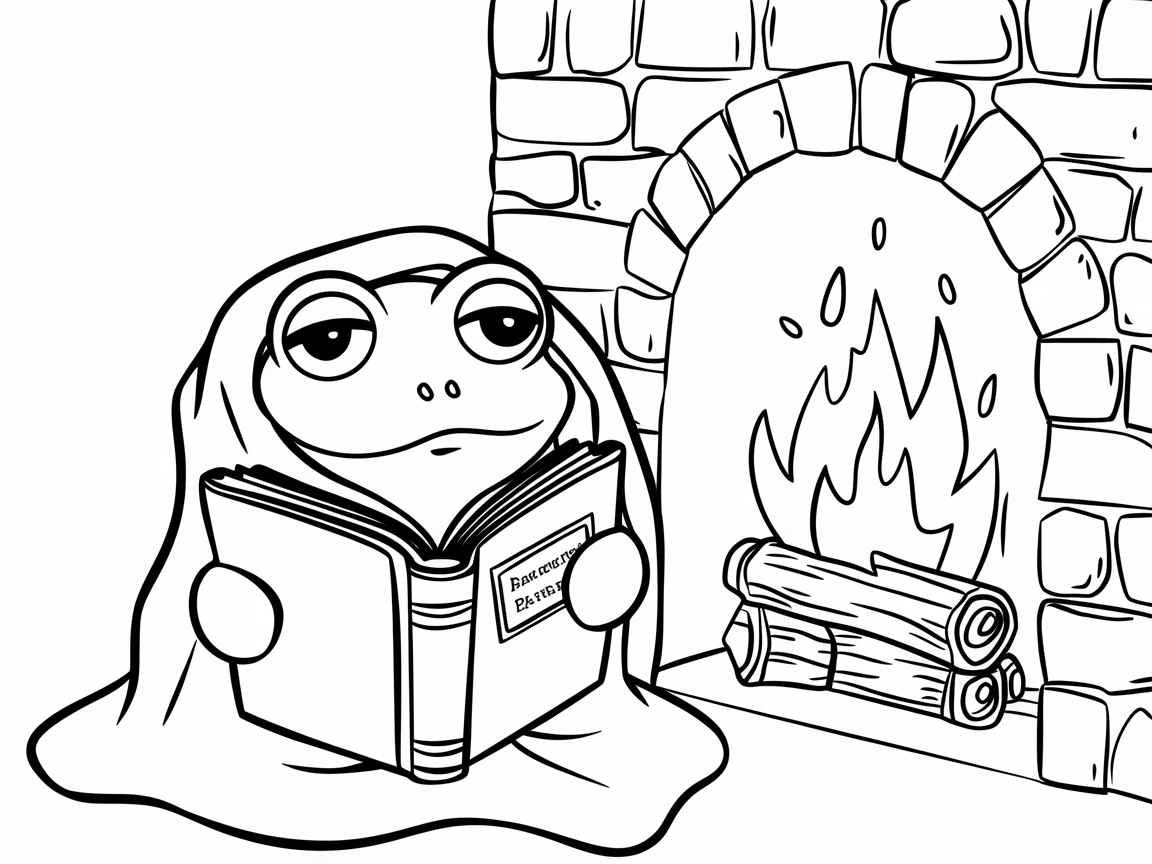 Cozy Fireplace Frog Reading Coloring Page