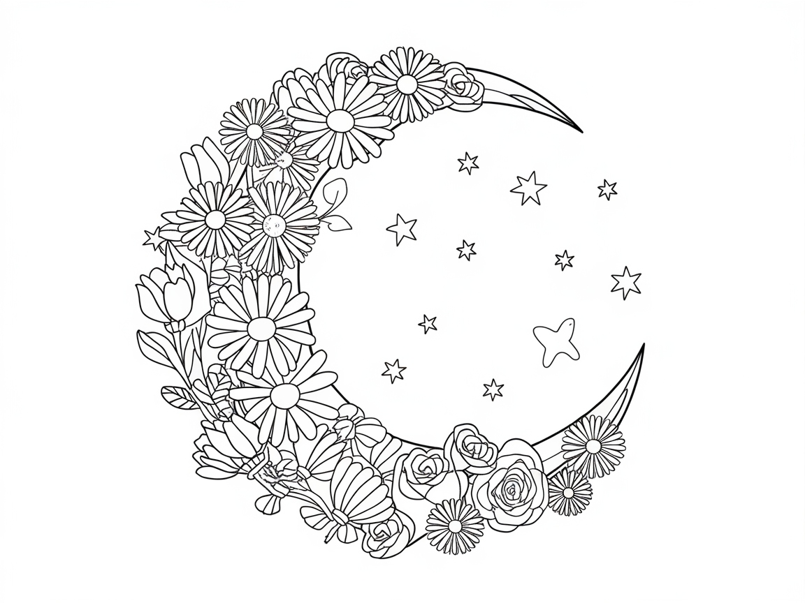 Floral Crescent Moon and Stars