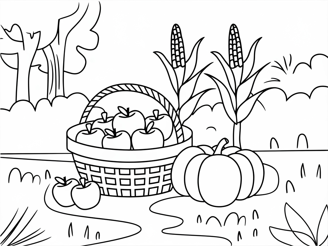 Harvest Bounty: Apples, Corn, and Pumpkin Scene