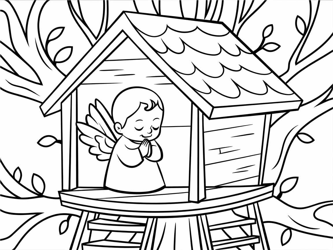 Charming Baby Angel in a Treehouse Coloring Page