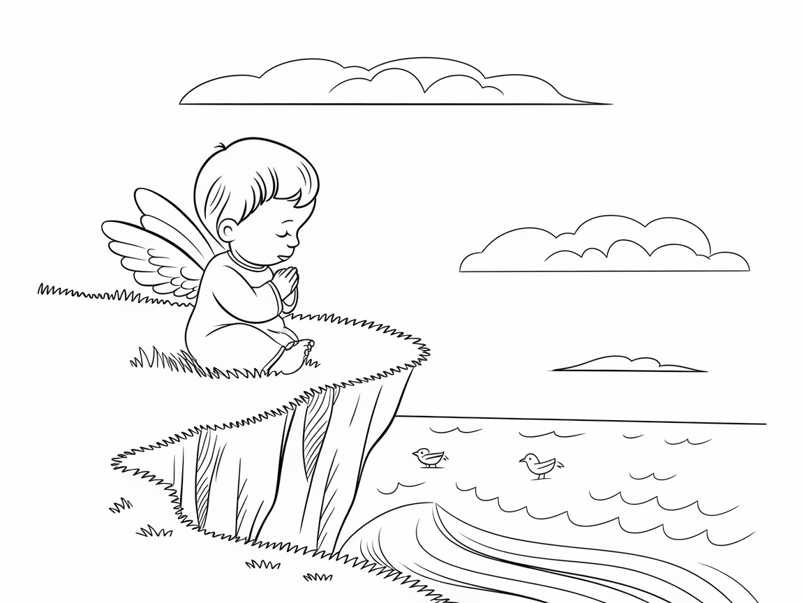 Contemplative Baby Angel by the Sea Coloring Page