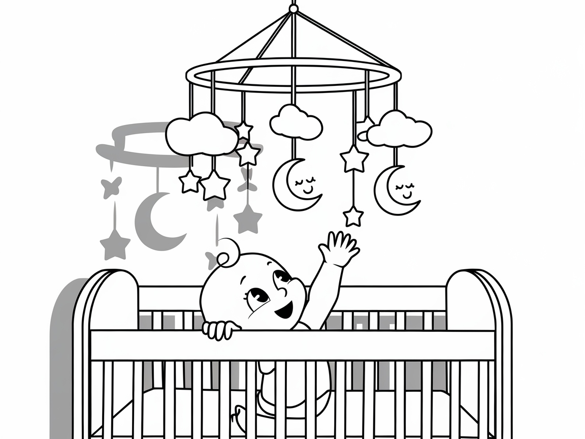 Dreamy Nursery Moments: Baby Reaching for Mobile Coloring Page
