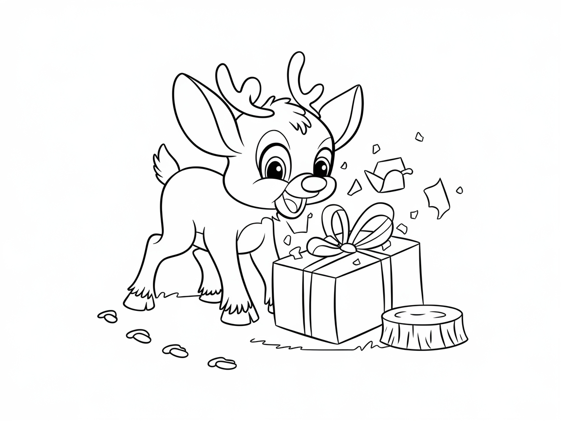Excited Baby Reindeer Unwrapping a Holiday Gift