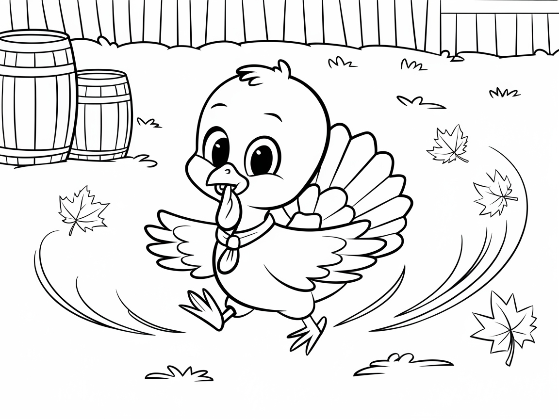 Color This Happy Baby Turkey Dancing in the Yard