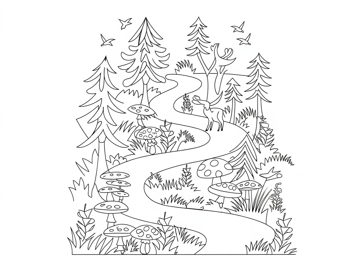 Winding Woodland Path with Enchanting Creatures