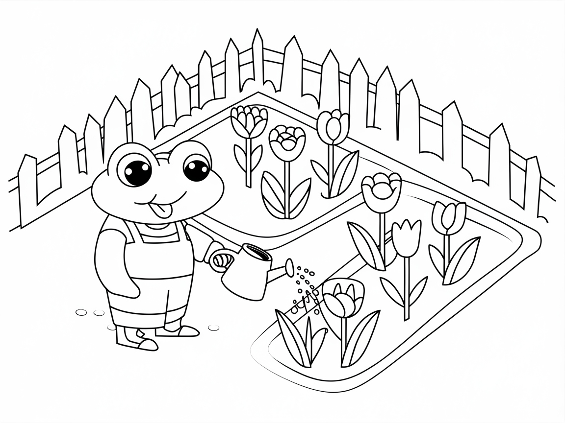 Garden-Loving Frog Tending to Tulips Coloring Page