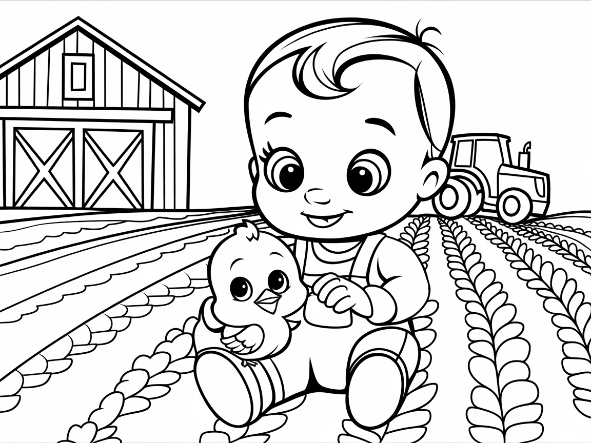Farmyard Fun: Baby with Chick on the Field