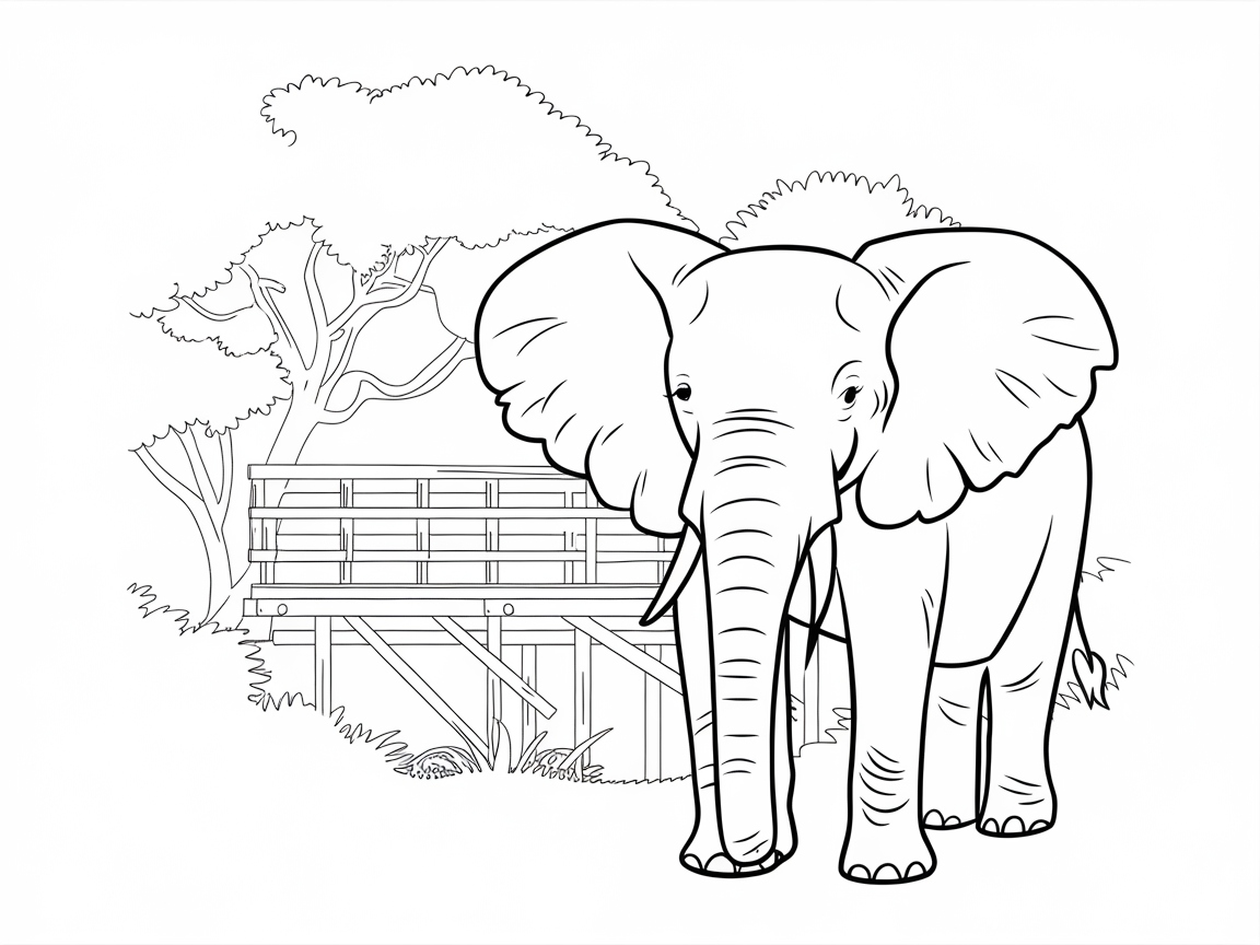 Elephant at the Safari Lodge Coloring Scene