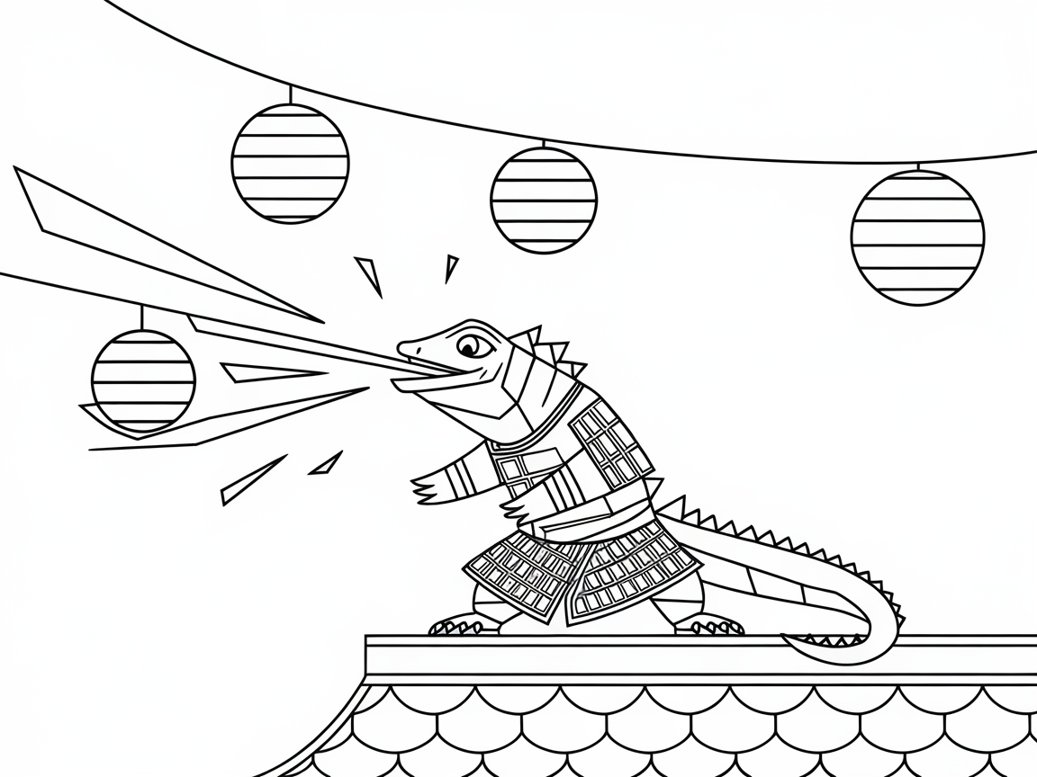 Samurai Lizard Breathing Fire Coloring Page