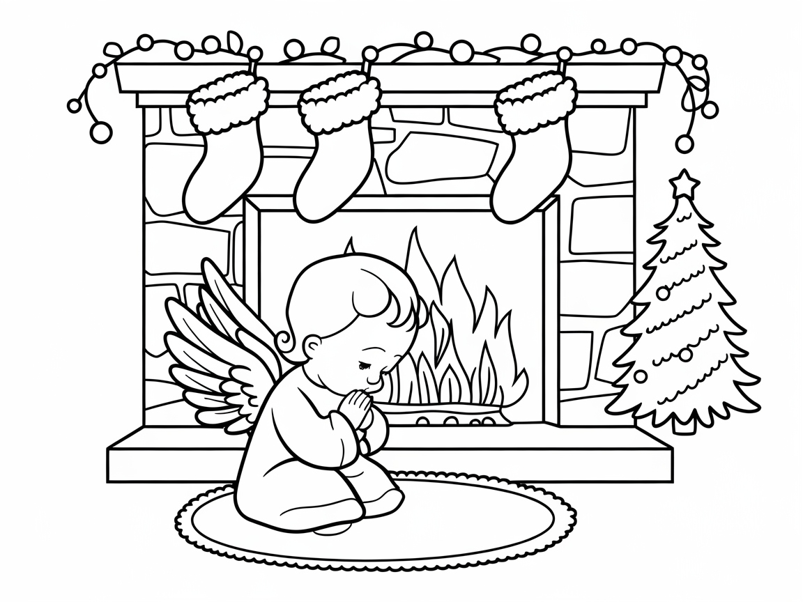 Cozy Baby Angel by a Festive Fireplace Coloring Page