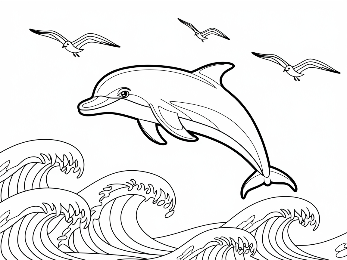 Splashing Dolphin and Soaring Seagulls