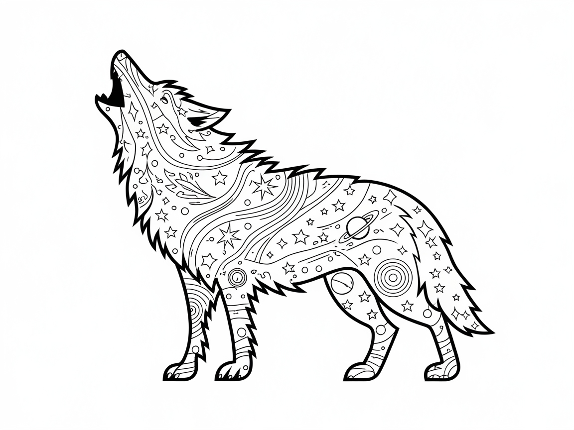 Explore the Galaxy with This Cosmic Wolf Coloring Page