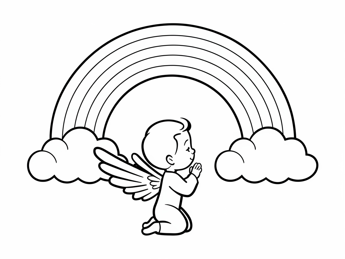 Joyful Baby Angel with a Radiant Rainbow Coloring Page