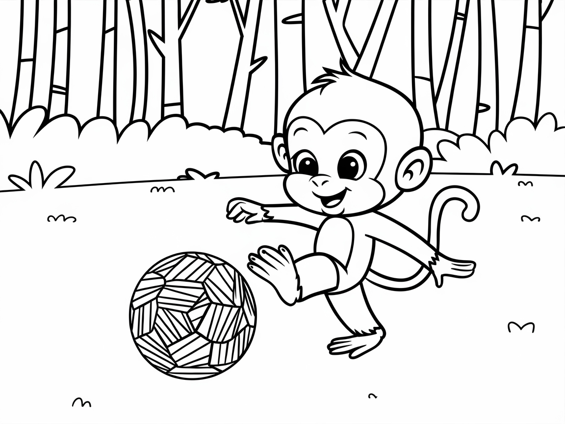 Playful Monkey Kicking a Ball in the Forest