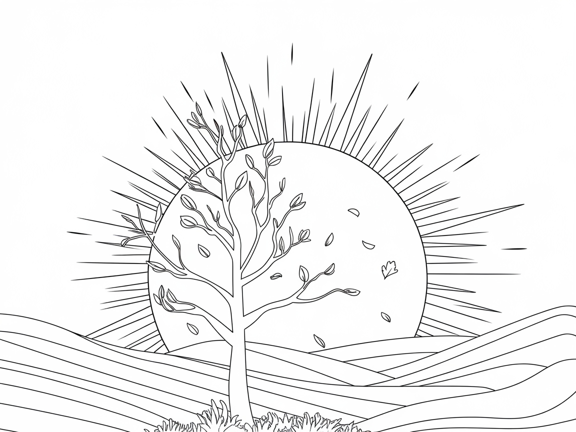 Radiant Tree Silhouette Against the Sun Coloring Page