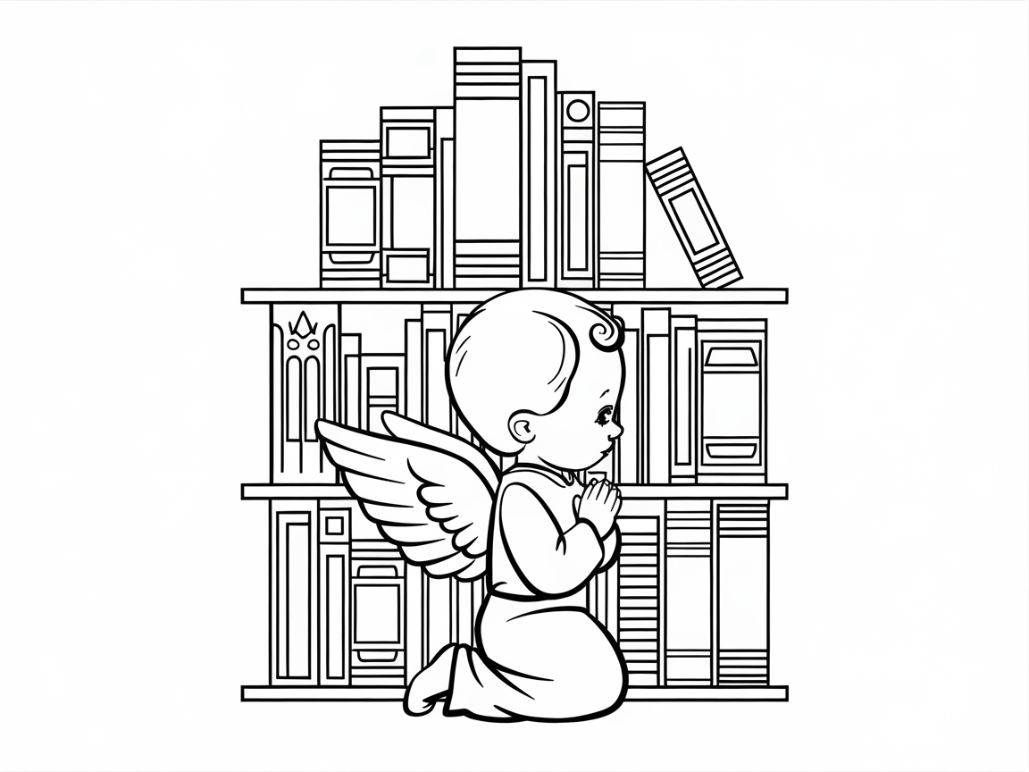 Contemplative Baby Angel in a Library Coloring Page