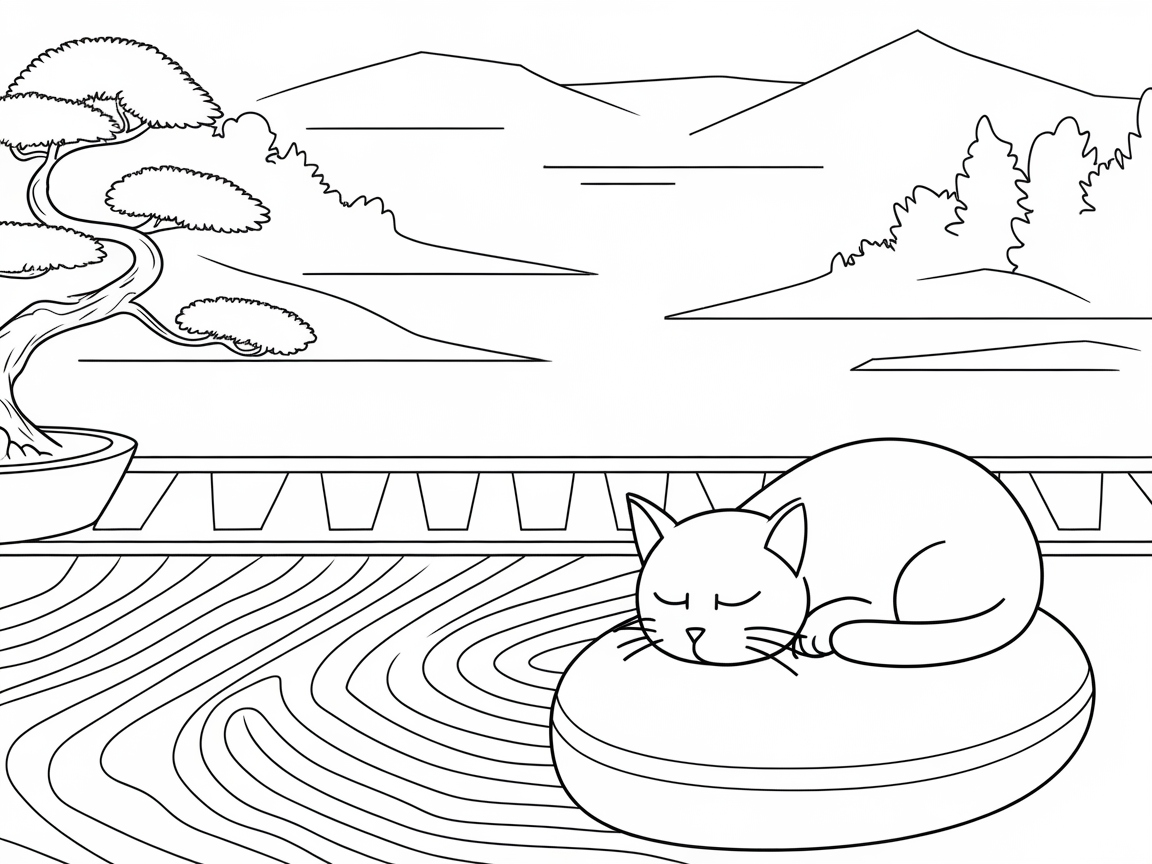 Zen Cat in a Japanese Garden
