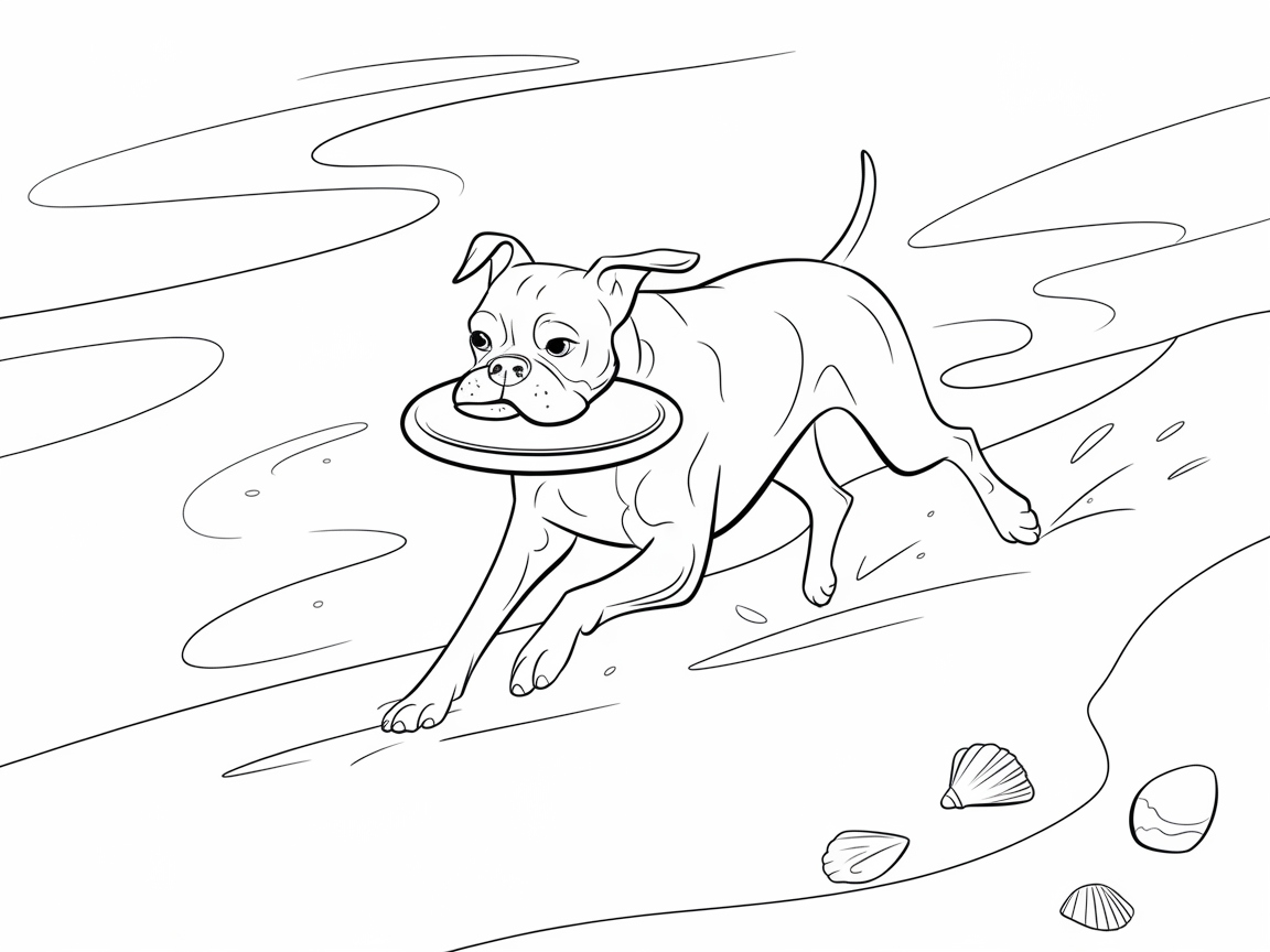 Playful Boxer with a Frisbee by the Shore