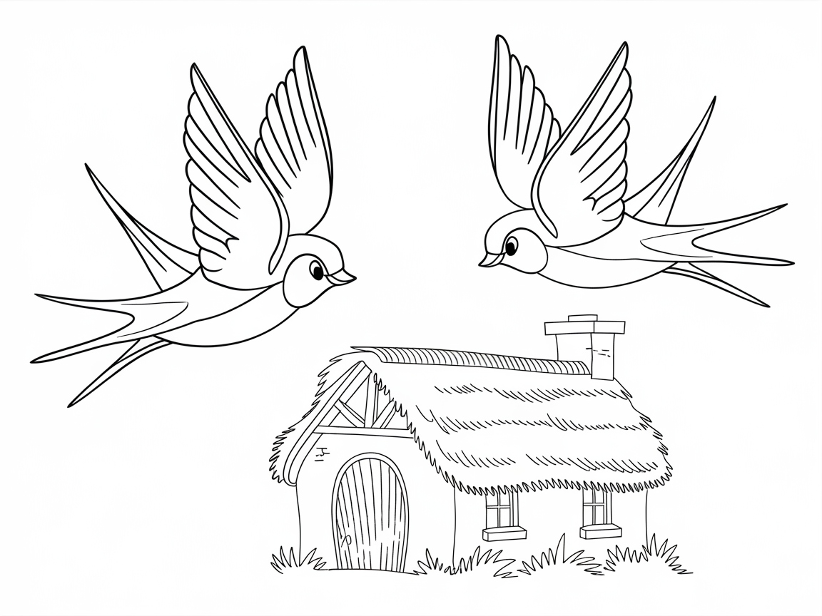 Graceful Swallows Soaring Over a Quaint Cottage