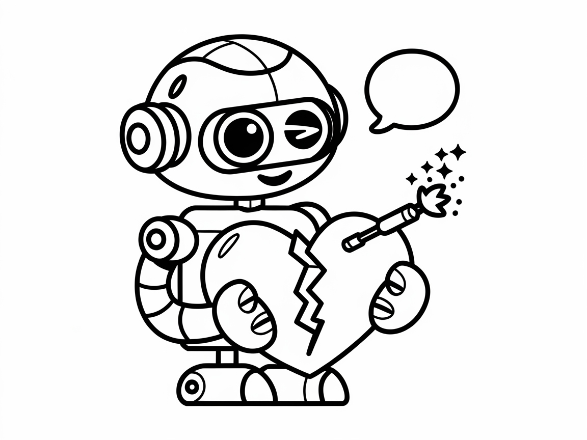 Adorable Robot with Broken Heart Coloring Page