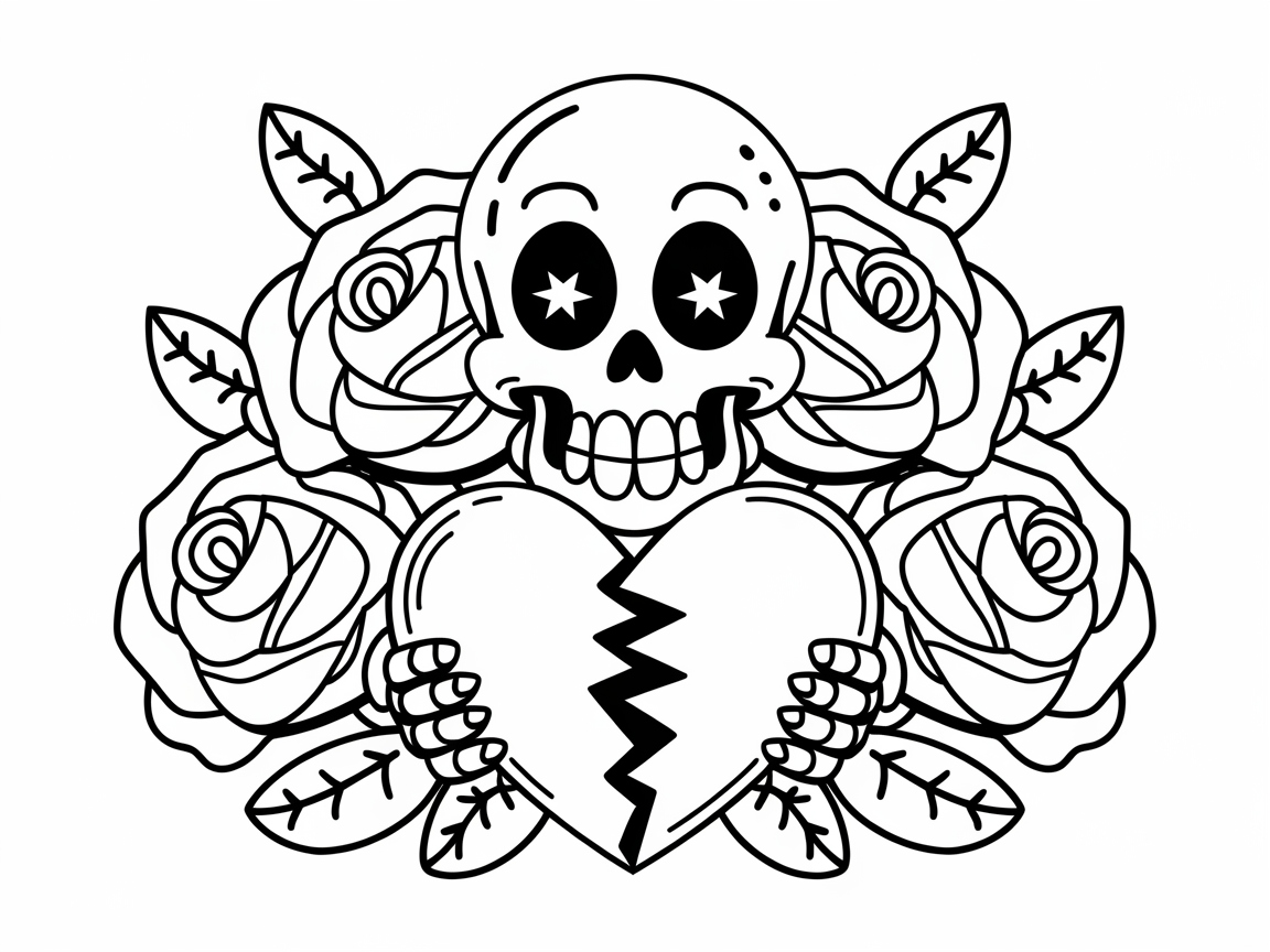 Expressive Skull and Roses Scene for Coloring Enthusiasts