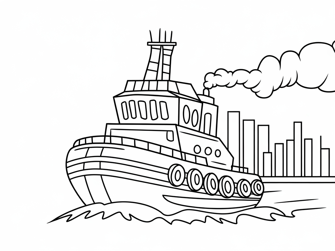 Tugboat on the Waves with Cityscape Views