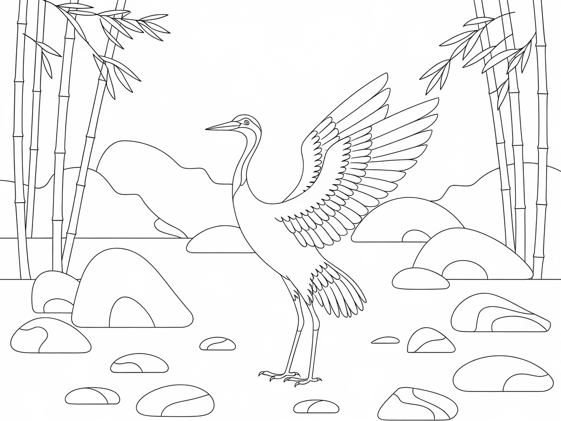 Graceful Crane Among Bamboo Coloring Page