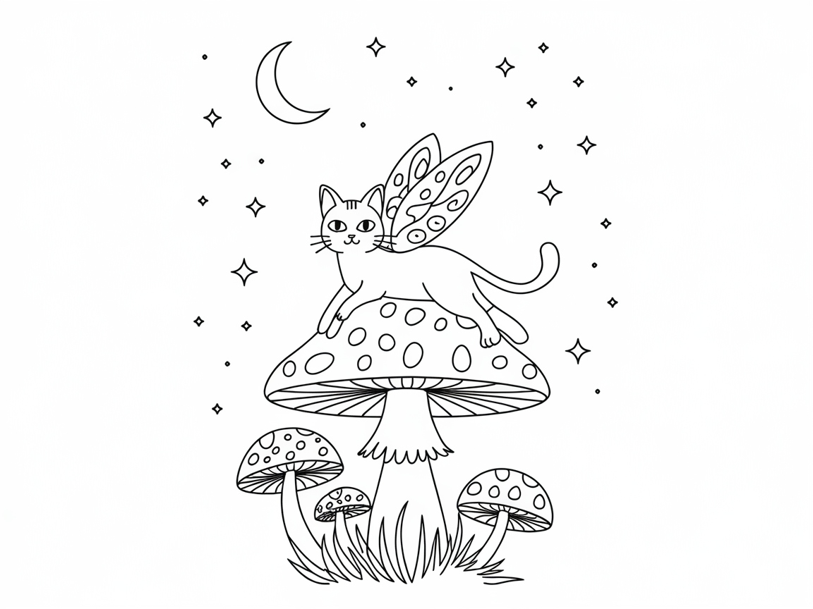 Fluttering Cat on a Mushroom Magic Scene