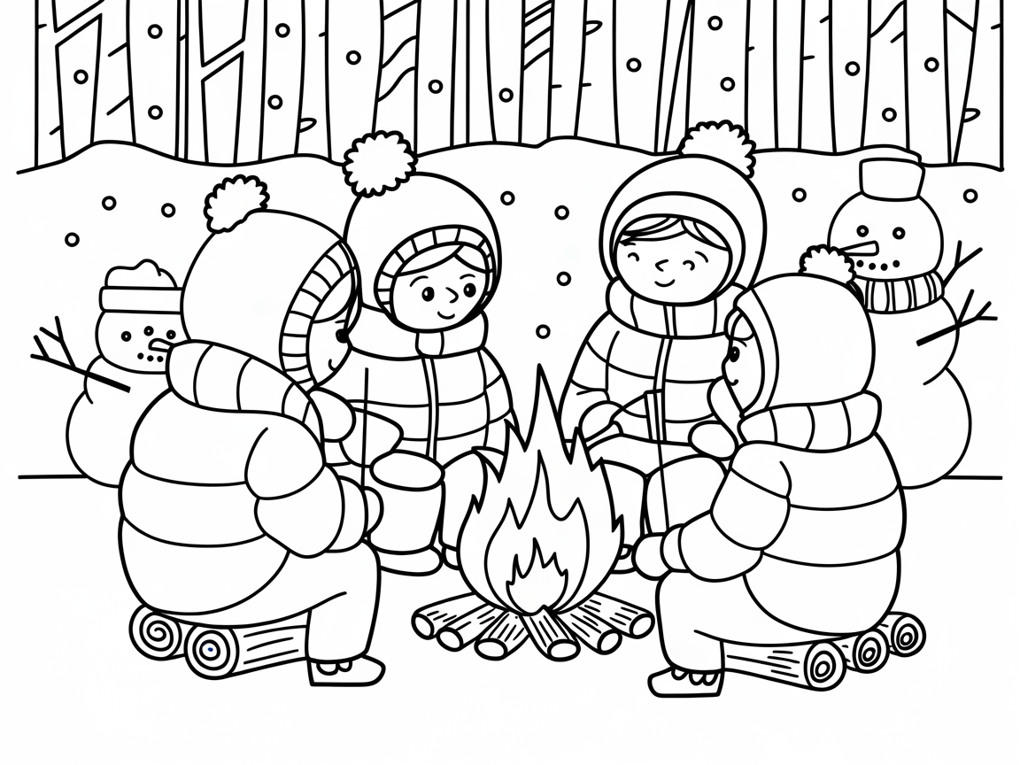 Snowy Campfire Gathering with Snowmen