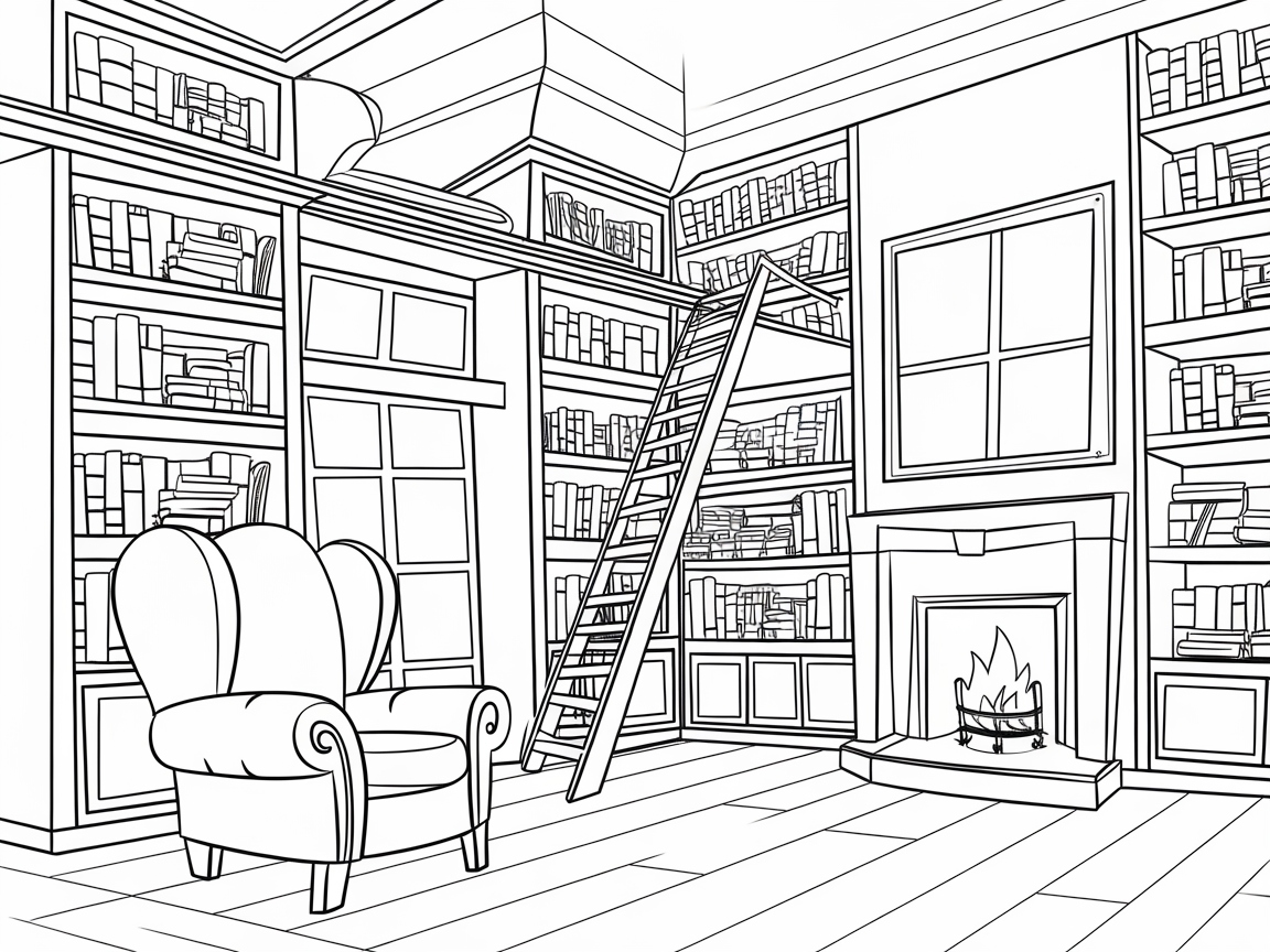 Cozy Library Haven: A Coloring Page for Book Lovers