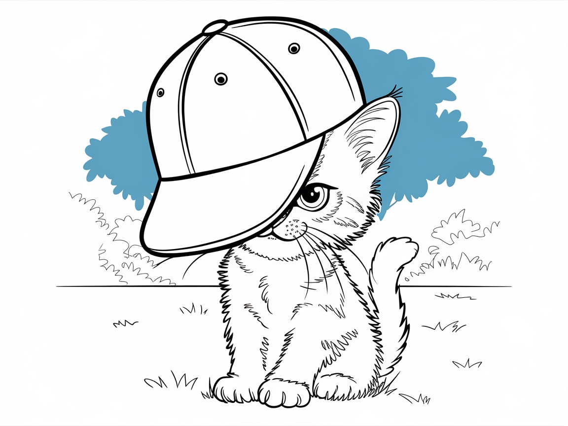 Adorable Kitten in a Baseball Cap Coloring Fun