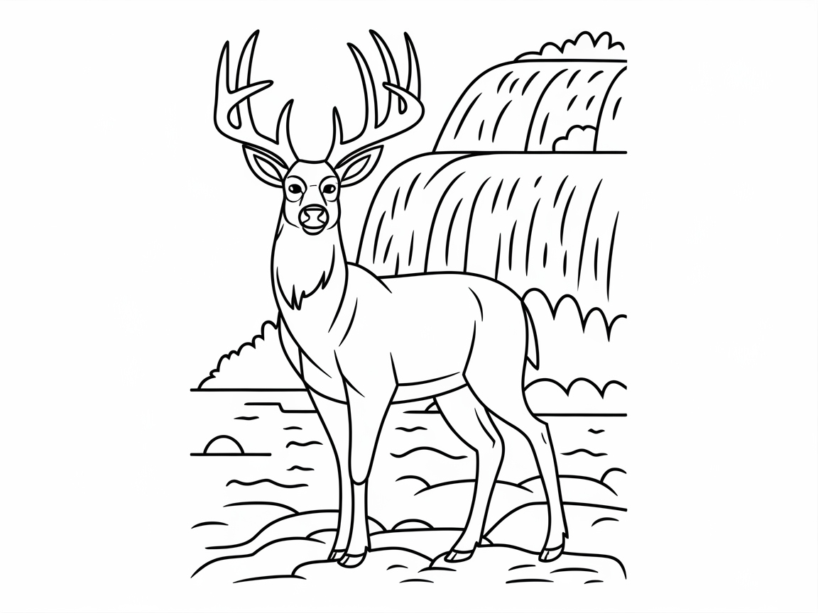 Graceful Buck by a Cascading Waterfall