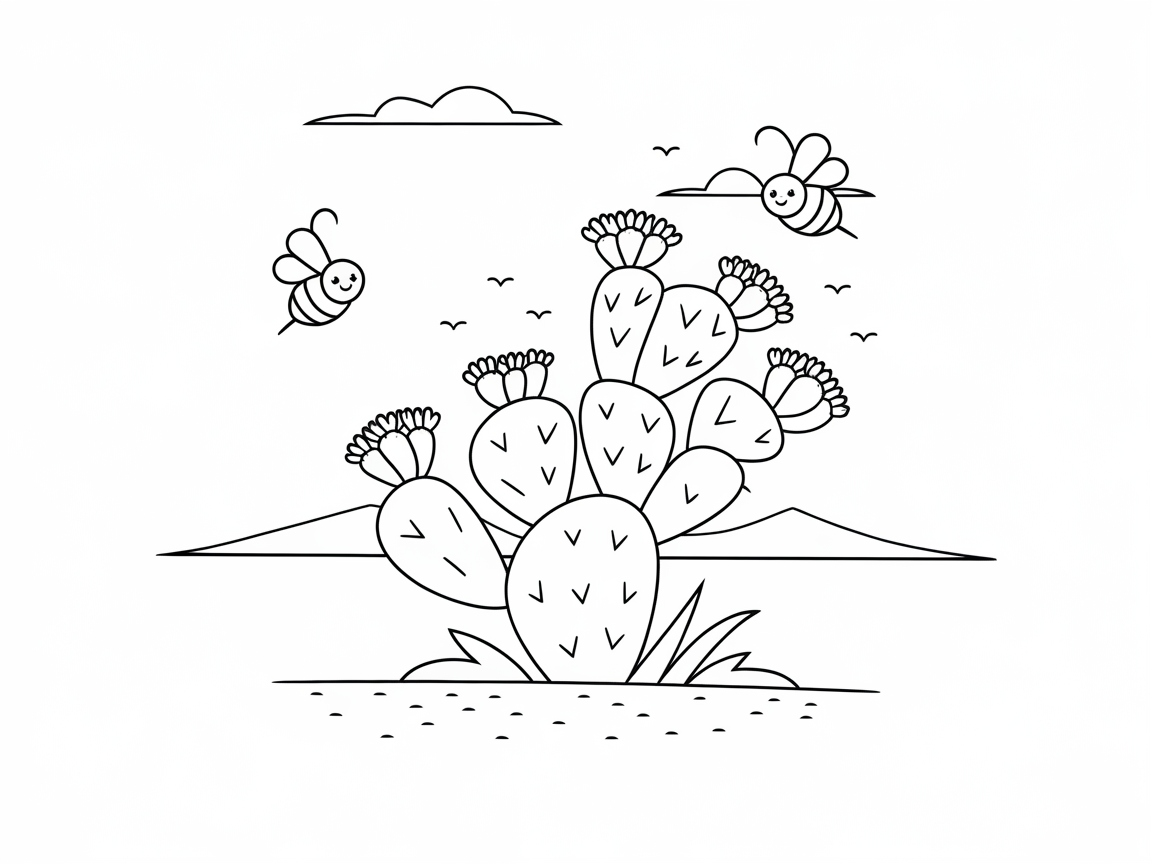 Happy Bees Fluttering Over a Desert Cactus