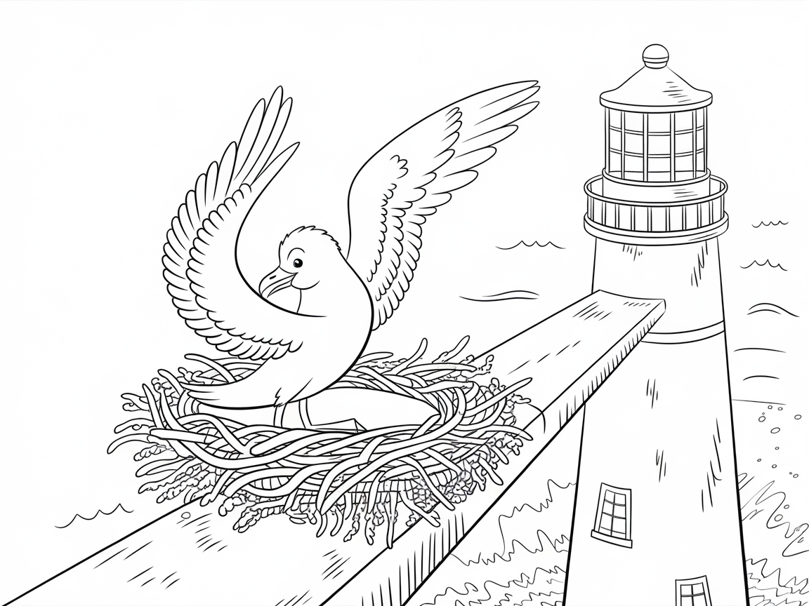 Seagull Nesting by a Majestic Lighthouse